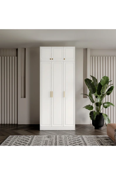 GuneyStore Ücretsiz Montaj Milas Gold 3 Kapaklı Komple MDF Yüklüklü Beyaz Gardırop ürün görseli 1