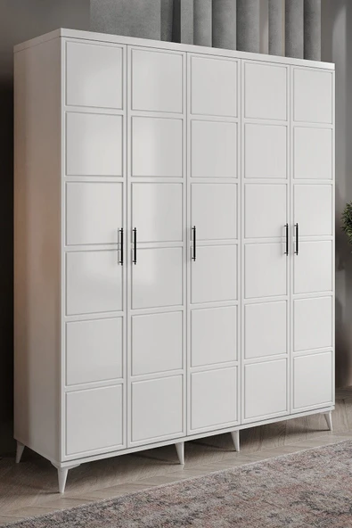 GuneyStore Ücretsiz Montaj Milano 5 Kapaklı Komple Mdf Beyaz Gardırop ürün görseli 1