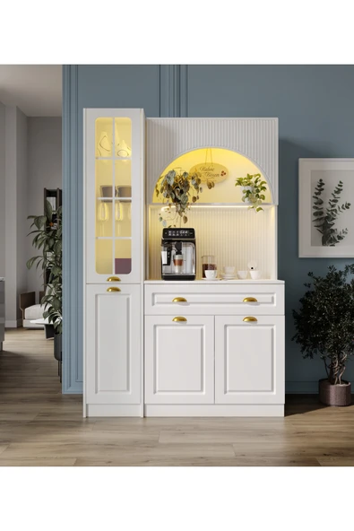 GuneyStore Armoni Gold Midi Kahve Köşesi Sol Vitrinli Komple MDF - Ücretsiz Montaj ürün görseli 1