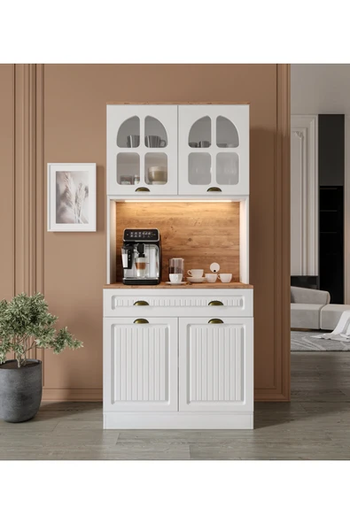 GuneyStore Efes 2 Kapaklı Kahve Köşesi – 93 cm MDF, LED Aydınlatmalı, Çok Amaçlı Mutfak ve Airfryer Dolabı ürün görseli 1