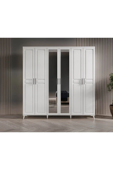 GuneyStore Ücretsiz Montaj Sport 6 Kapaklı Aynalı Komple MDF Beyaz Gardırop Elbise Dolabı ürün görseli 1