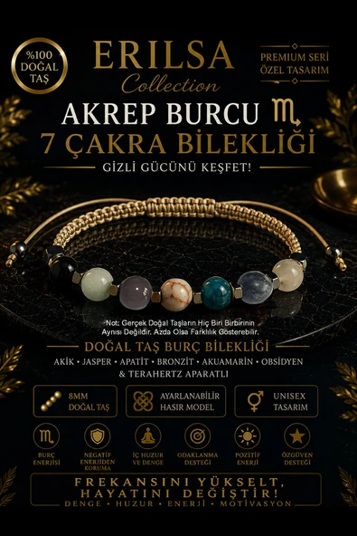 Sertifikalı Akrep Burcu 7 Çakra Doğal Taş Bileklik - Ayarlamalı Unisex Lüks Hem Bileklik Hem Halhal ürün görseli 1