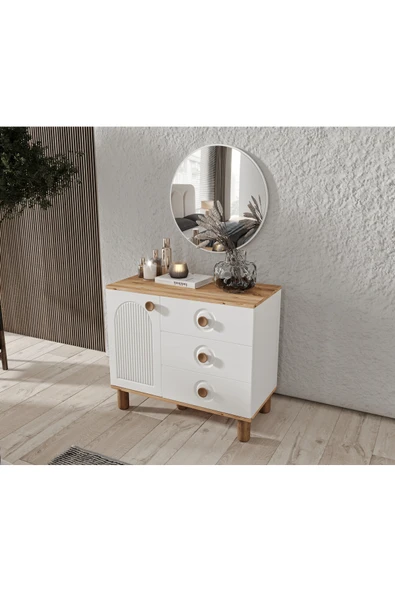 GuneyStore Rosa Komple MDF Atlantik Çam - Beyaz Aynalı Şifonyer - Ücretsiz Montaj ürün görseli 1