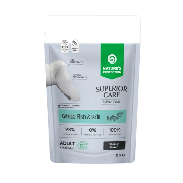 Nature’s Protection Superior Care Beyaz Tüylü Köpekler İçin Beyaz Balıklı & Krilli Sos İçinde Yaş Köpek Maması 85g ürün görseli 1