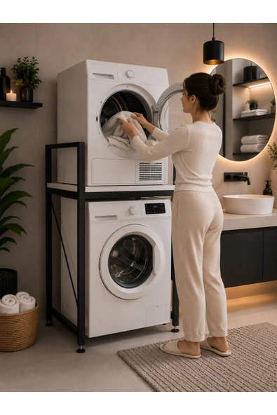 Flinder Lifos Beyaz/Siyah Raflı Çamaşır Makinesi Dolabı Kurutma Makinesi Dolabı Metal Banyo Dolabı FL-Lifos-BS ürün görseli 1