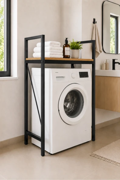 Flinder Lifos Çam/Siyah Raflı Çamaşır Makinesi Dolabı Kurutma Makinesi Dolabı Metal Banyo Dolabı FL-Lifos-CS ürün görseli 1