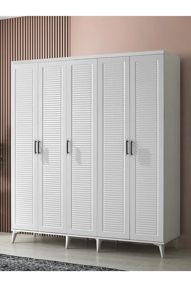 GuneyStore Ücretsiz Montaj Komple Mdf Paris 5 Kapaklı Beyaz Gardırop Elbise Dolabı ürün görseli 1