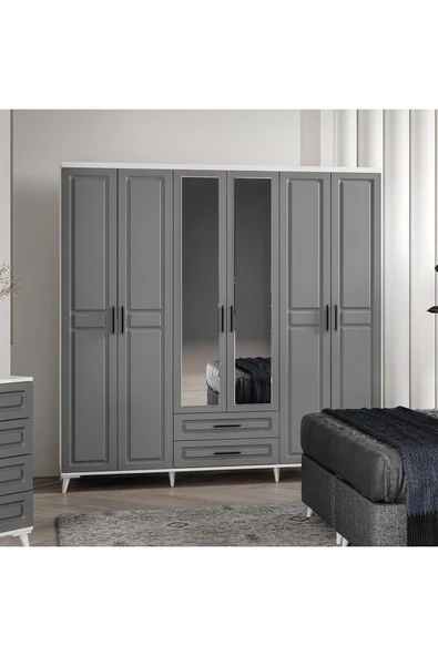 GuneyStore Ücretsiz Montaj Gözde 6 Kapaklı Aynalı Komple MDF Antrasit - Beyaz Gardırop ürün görseli 1