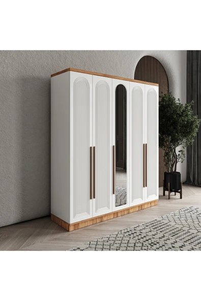 GuneyStore Ücretsiz Montaj Rosa 5 Kapaklı Komple MDF Aynalı Gardırop - Elbise Dolabı ürün görseli 1