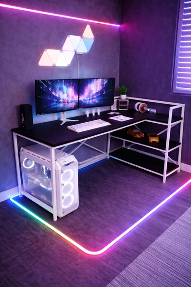 Flinder Siyah/Beyaz Çift Yön Kullanıma Uygun, Raflı Gaming Oyuncu Masası, Bilgisayar Masası, Çalışma Masası S-B-L ürün görseli 1
