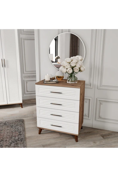 GuneyStore Paris 4 Çekmeceli Aynalı Komple MDF Atlantik Çam - Beyaz Şifonyer - Ücretsiz Montaj ürün görseli 1
