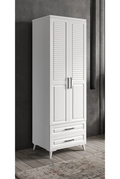 GuneyStore Ücretsiz Montaj Komple Mdf Sanat 2 Kapaklı Çekmeceli Beyaz Gardırop ürün görseli 1
