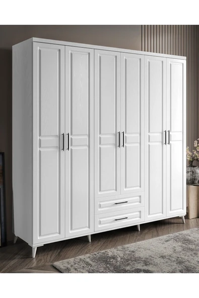 GuneyStore Ücretsiz Montaj Komple Mdf Gözde 6 Kapaklı Beyaz Gardırop ürün görseli 1
