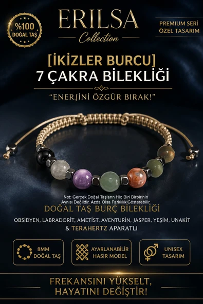 Sertifikalı İkizler Burcu 7 Çakra Doğal Taş Bileklik Ayarlamalı Unisex Lüks Hem Bileklik Hem Halhal ürün görseli 1