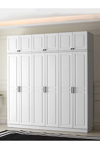 GuneyStore Ücretsiz Montaj Sport Komple Mdf 6 Kapaklı Yüklüklü Beyaz Gardırop ürün görseli 1