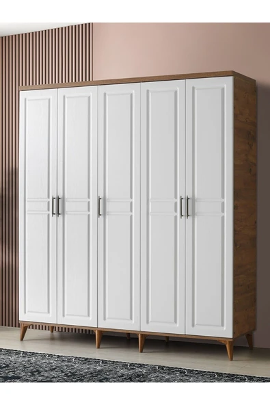 GuneyStore Ücretsiz Montaj Komple Mdf Sport 5 Kapaklı Atlantik Çam /beyaz Gardırop Elbise Dolabı ürün görseli 1