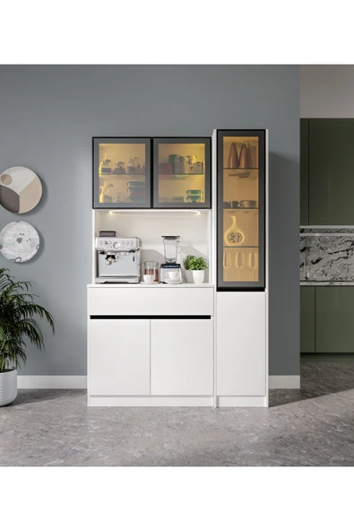 GuneyStore Lotus Midi Sağ Vitrinli Kahve Köşesi Komple MDF LED Mutfak Dolabı ürün görseli 1