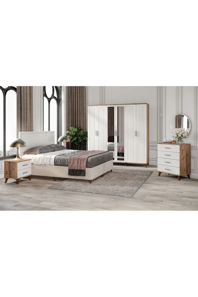 GuneyStore Komple Mdf Paris 6 Kapaklı Atlantik Çam-beyaz Yatak Odası Takımı (bazalı) ürün görseli 1