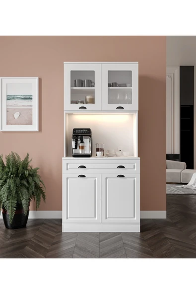 GuneyStore Luna 2 Kapaklı Kahve Köşesi – 93 cm MDF, LED Aydınlatmalı, Çok Amaçlı Mutfak ve Airfryer Dolabı ürün görseli 1
