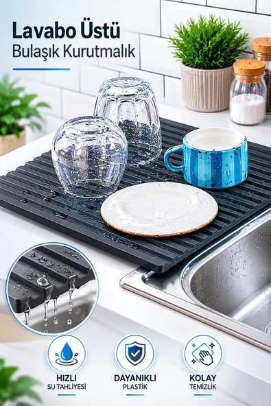 Plastik Pratik Lavabo Tezgah Üstü Bulaşık Kurutmalığı Siyah 35 x 45 S-10145 ürün görseli 1