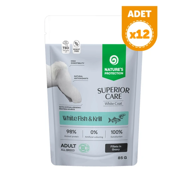 Nature’s Protection Superior Care Beyaz Tüylü Köpekler İçin Beyaz Balıklı & Krilli Sos İçinde Yaş Köpek Maması 85g (12 Adet) ürün görseli 1