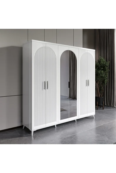 GuneyStore OSLO 6 Kapaklı Aynalı Komple MDF Beyaz Gardırop - Ücretsiz Montaj ürün görseli 1