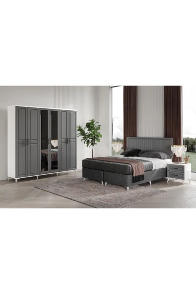 GuneyStore Komple MDF Sport 6 Kapaklı Antrasit-Beyaz Yatak Odası Takımı Baza Dahil ürün görseli 1