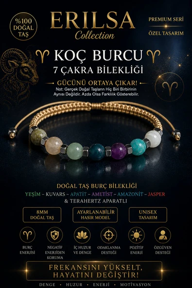 Sertifikalı Koç Burcu 7 Çakra Doğal Taş Bileklik -Ayarlamalı Unisex Premium Hem Bileklik Hem Halhal ürün görseli 1