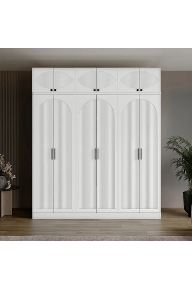 GuneyStore Ücretsiz Montaj %100 MDF Oslo 6 Kapaklı Yüklüklü Beyaz Gardırop ürün görseli 1