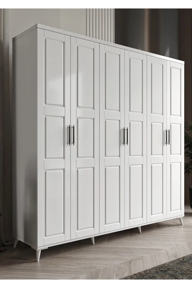 GuneyStore Ücretsiz Montaj PANA 6 Kapaklı Komple Mdf Beyaz Gardırop ürün görseli 1
