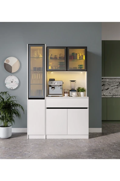 GuneyStore Lotus Midi Sol Vitrinli Kahve Köşesi Komple MDF LED Mutfak Dolabı ürün görseli 1