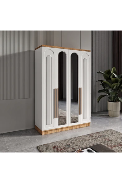 GuneyStore Ücretsiz Montaj Flora 4 Kapaklı Aynalı Komple MDF Gardırop - Elbise Dolabı ürün görseli 1