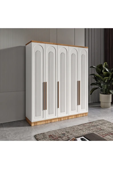 GuneyStore Ücretsiz Montaj Flora 5 Kapaklı Komple MDF Atlantik Çam-Beyaz Gardırop - Elbise Dolabı ürün görseli 1