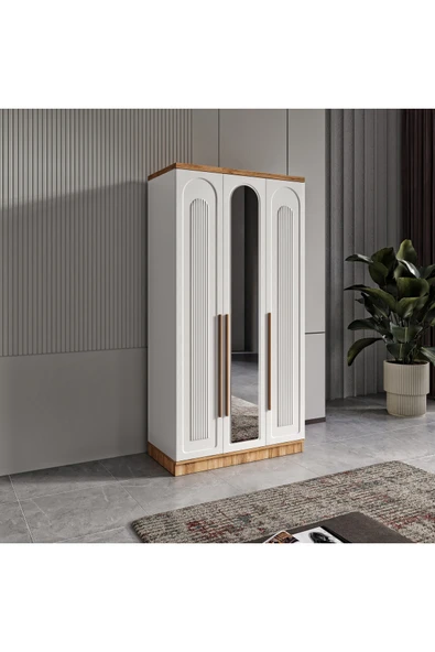 GuneyStore Ücretsiz Montaj Flora 3 Kapaklı Aynalı Komple MDF Atlantik Çam-Beyaz Gardırop - Elbise Dolabı ürün görseli 1
