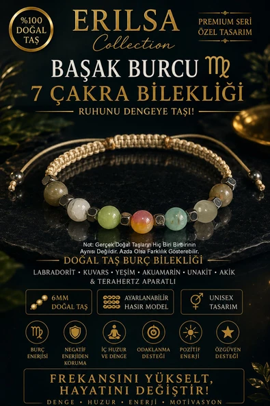 Sertifikalı Başak Burcu 7 Çakra Doğal Taş Bileklik - Ayarlamalı Unisex Lüks Hem Bileklik Hem Halhal ürün görseli 1
