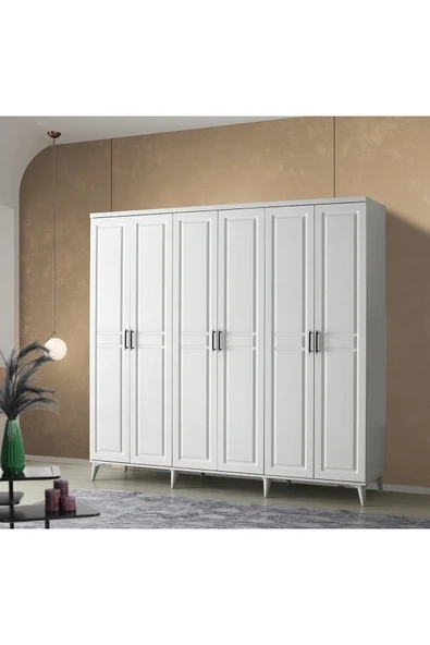 GuneyStore Sport 6 Kapaklı Gardırop Beyaz – 210 Cm Genişlik, Komple Mdf Gövde, Membran Kapak, Ayaklı Tasarım ürün görseli 1