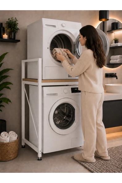 Flinder Lifos Çam/Beyaz Raflı Çamaşır Makinesi Dolabı Kurutma Makinesi Dolabı Metal Banyo Dolabı FL-Lifos-CB ürün görseli 1