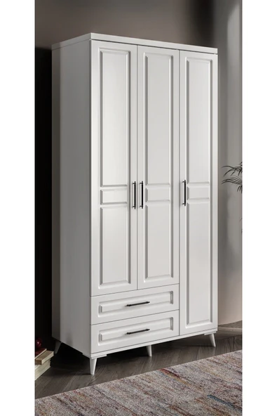 GuneyStore Ücretsiz Montaj Komple Mdf Gözde 3 Kapaklı Çekmeceli Beyaz Gardırop ürün görseli 1