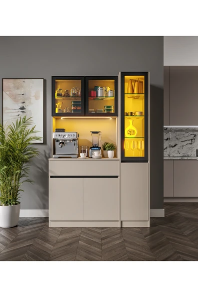 GuneyStore Viona Kum Beji Midi Sağ Vitrinli Komple MDF LED Aydınlatmalı Kahve Köşesi ürün görseli 1