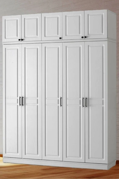 GuneyStore Ücretsiz Montaj Sport Komple Mdf 5 Kapaklı Yüklüklü Beyaz Gardırop ürün görseli 1