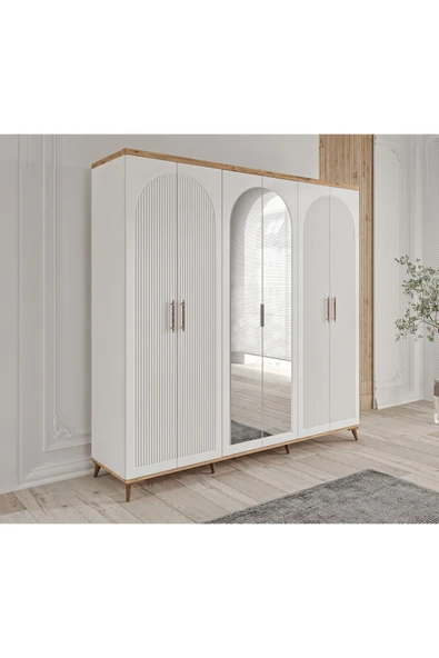 GuneyStore Ücretsiz Montaj - Nevada 6 Kapaklı Aynalı Komple Mdf Gardırop ürün görseli 1