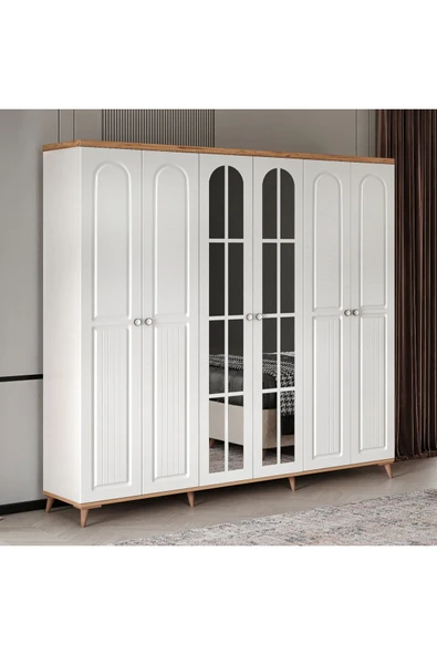 GuneyStore Ücretsiz Montaj! Komple Mdf Bohem 6 Kapaklı Aynalı Gardırop ürün görseli 1
