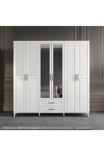 GuneyStore Ücretsiz Montaj Sanat 6 Kapaklı Aynalı Komple MDF Beyaz Gardırop ürün görseli 1
