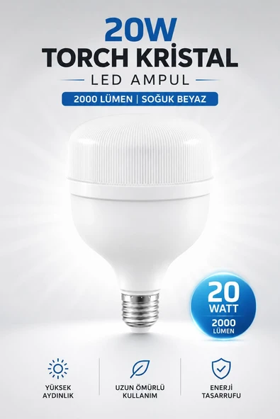 1 Adet Torch Kristal Led Ampul 20 Watt Yüksek Aydınlık Sunan Soğuk Beyaz Ampül 2000 Lümen Güçlü Işık ürün görseli 1