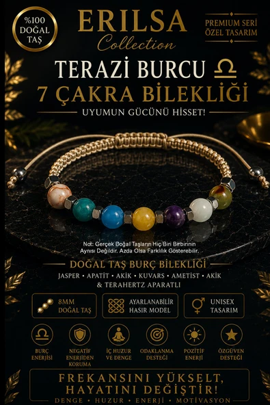 Sertifikalı Terazi Burcu 7 Çakra Doğal Taş Bileklik -Ayarlamalı Unisex Lüks Hem Bileklik Hem Halhal ürün görseli 1