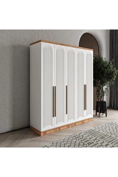 GuneyStore Ücretsiz Montaj Rosa 5 Kapaklı Komple MDF Atlantik Çam Beyaz Gardırop - Elbise Dolabı ürün görseli 1