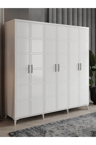 GuneyStore Ücretsiz Montaj Milano 6 Kapaklı Komple Mdf Beyaz Gardırop ürün görseli 1