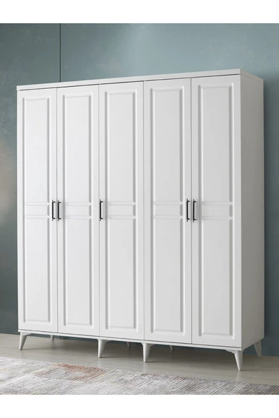 GuneyStore Ücretsiz Montaj Komple Mdf Sport 5 Kapaklı Beyaz Gardırop Elbise Dolabı Gardolap ürün görseli 1