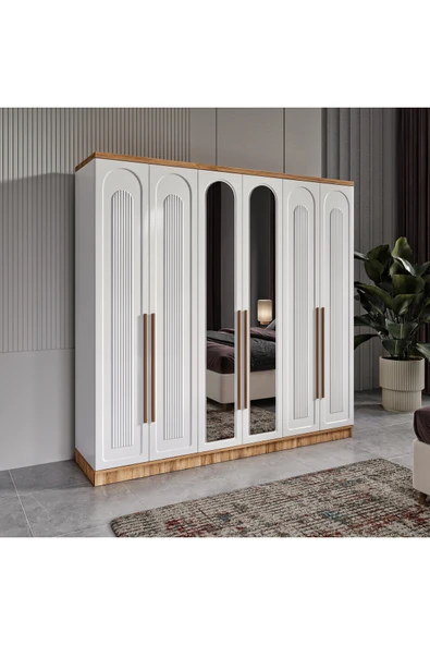 GuneyStore Ücretsiz Montaj - Flora 6 Kapaklı Aynalı Komple Mdf Gardırop - Elbise Dolabı ürün görseli 1