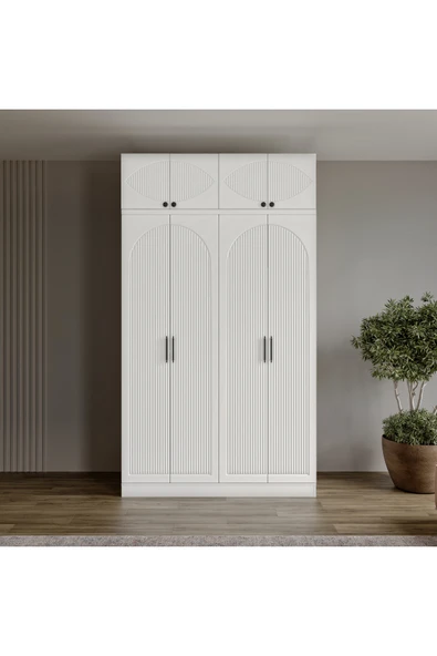 GuneyStore Ücretsiz Montaj %100 MDF Oslo 4 Kapaklı Yüklüklü Beyaz Gardırop ürün görseli 1